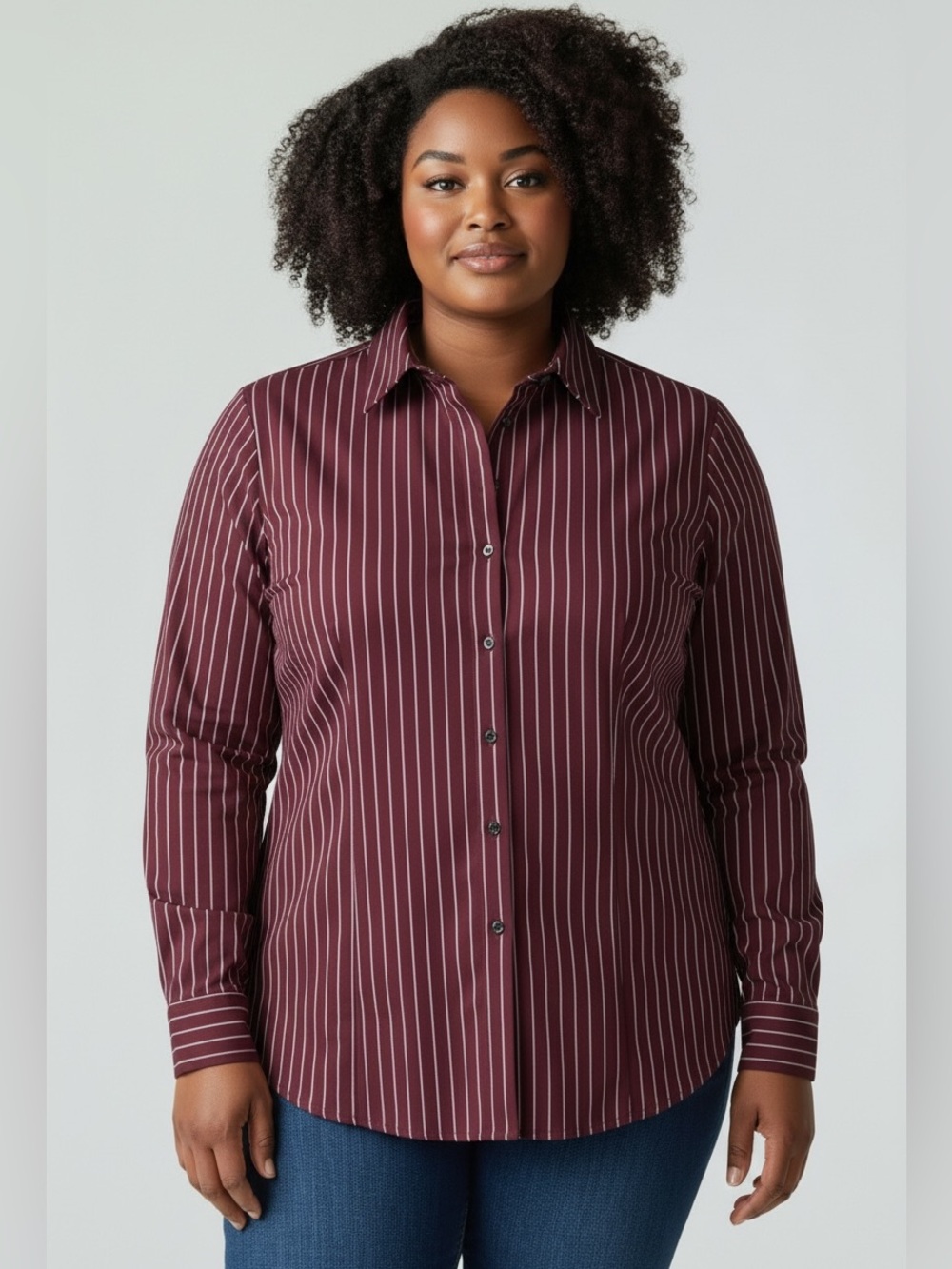 EUC, Lands End Pima Cotton No Iron Button Down, Burgundy & White Stripe, Size 18